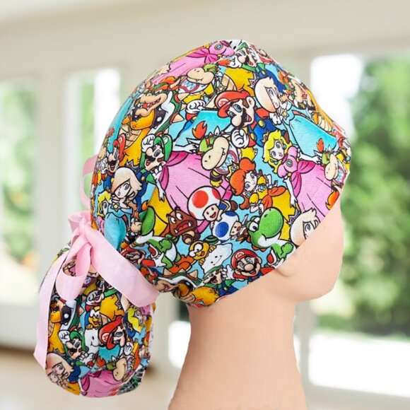 Super Mario ~ Ponytail Scrub Cap, Nurse Cap, Scrub Hat, OR, CNA, MD, Gift. - Picture 4 of 5